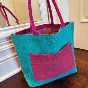 Colorful Woven Beach Bag in Pink/Blue